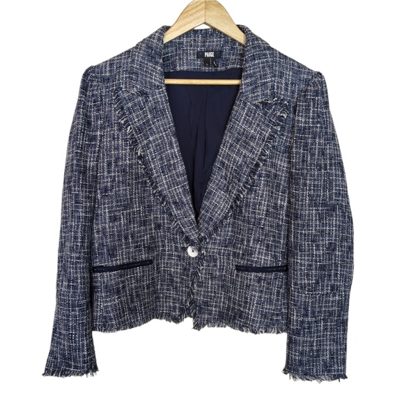Anthropologie Paige Women’s Blue Tweed Linen Blend Puff Sleeve Blazer - Picture 5 of 13